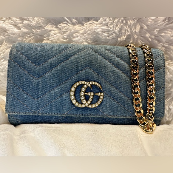 Gucci Handbags - GUCCI • Marmont Denim Pearl Wallet AUTHENTIC